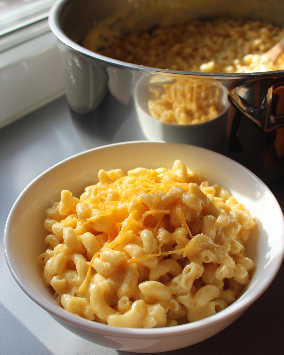 A bowl of creamy 3 ingredient stovetop mac and cheese topped with shredded cheddar cheese.