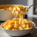 A fork lifting a generous portion of creamy 3 ingredient stovetop mac and cheese, with long cheese pulls.