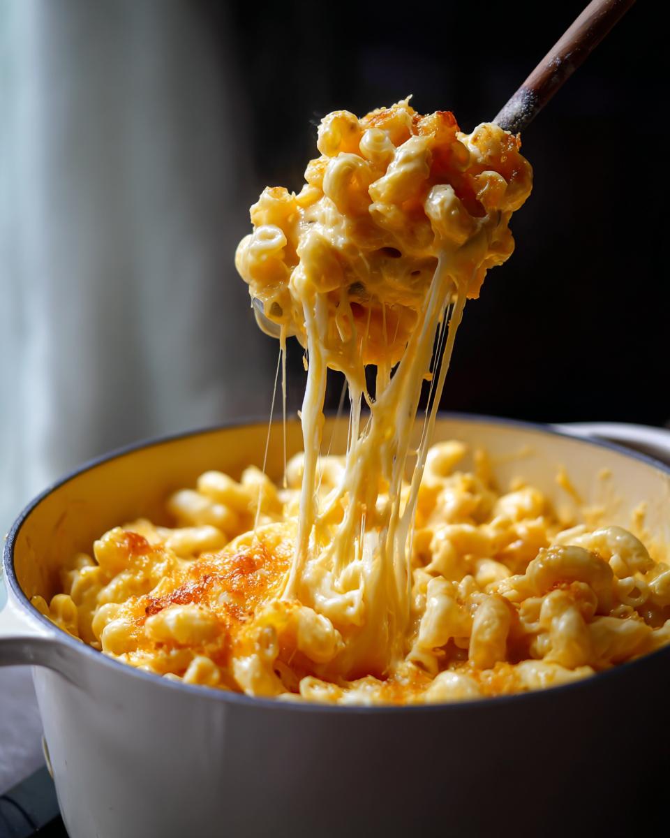A wooden spoon lifting a generous portion of creamy 3 ingredient stovetop mac and cheese, with long cheese strings.