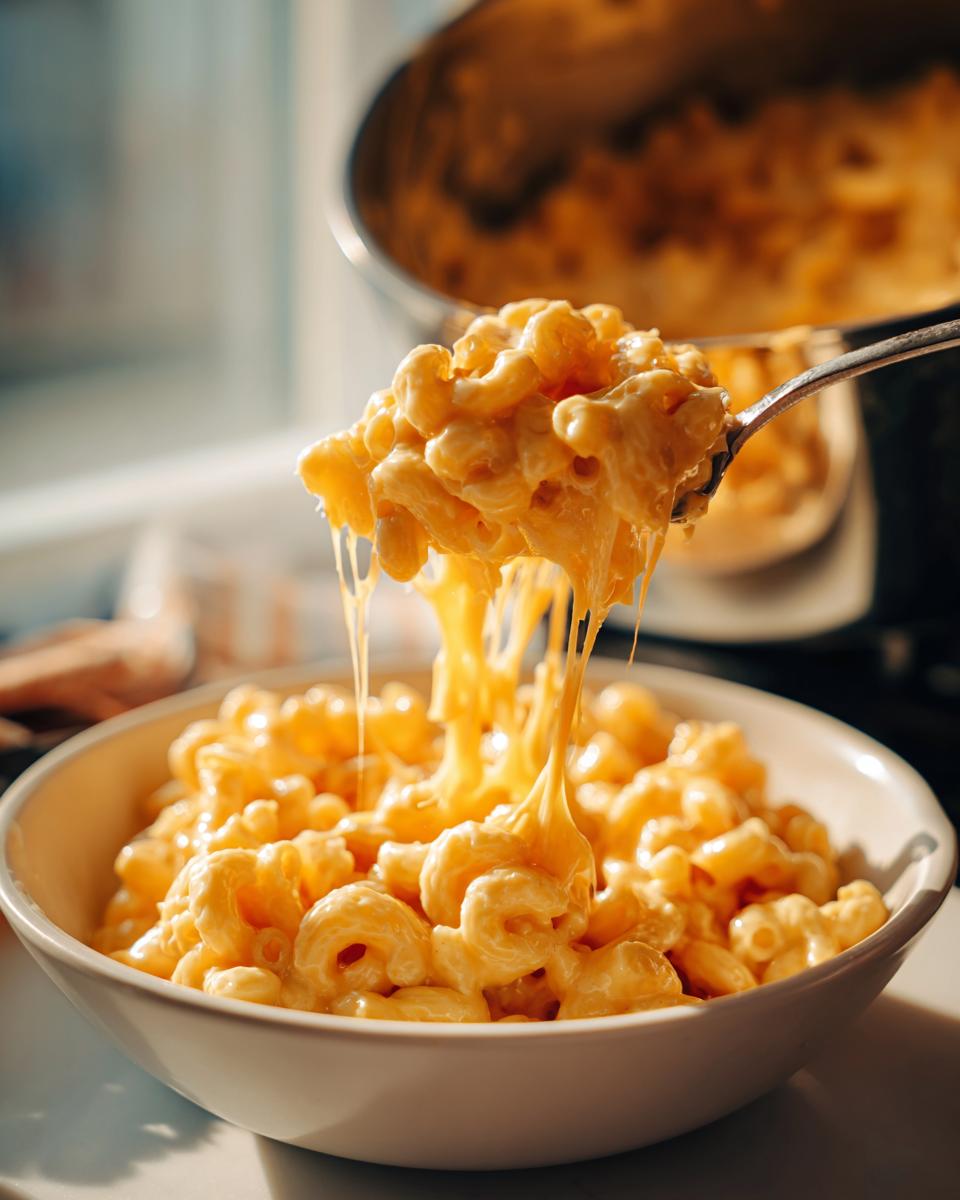 A spoonful of creamy 3 ingredient stovetop mac and cheese being lifted from a bowl, with long cheese strings.