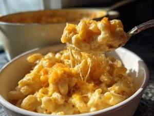 Close-up of a spoonful of creamy 3 ingredient stovetop mac and cheese, with melted cheese stretching.