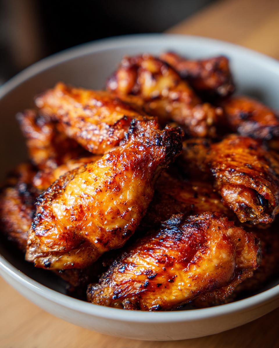 Close-up of a bowl filled with golden-brown, crispy Air Fryer Chicken Wings.