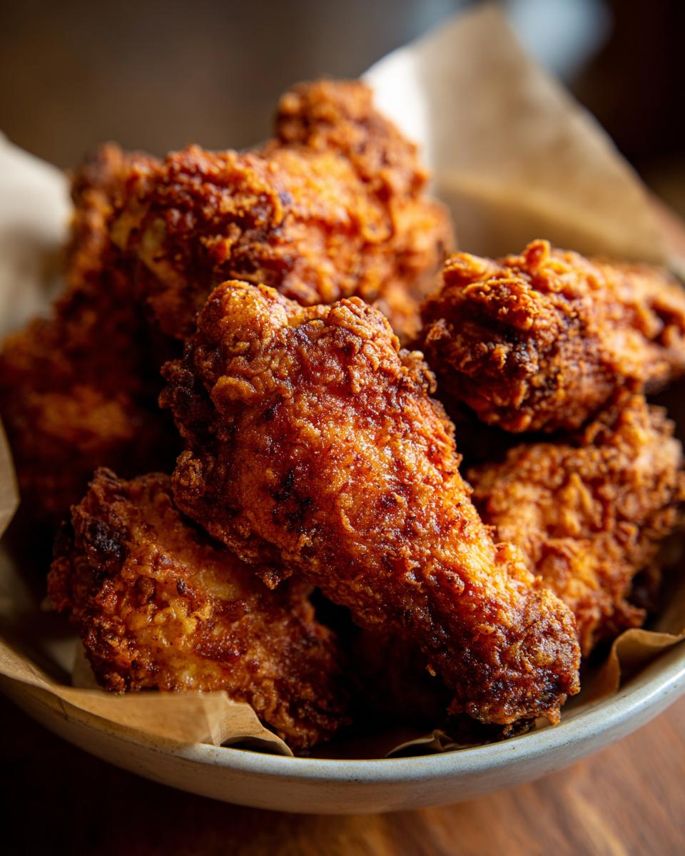 A close-up shot of crispy, golden brown Air Fryer Chicken Wings piled in a bowl lined with parchment paper.