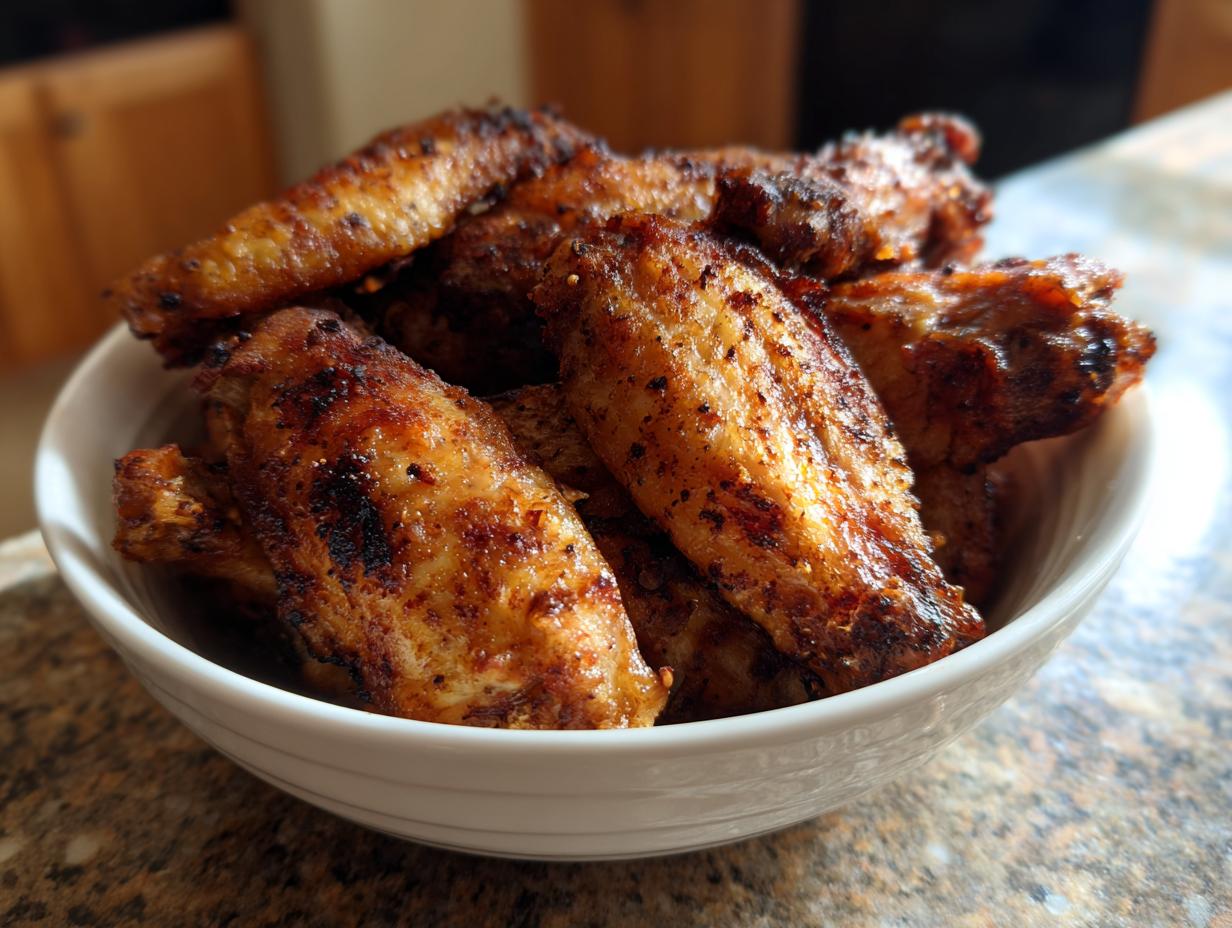 A bowl of perfectly cooked, crispy air fryer chicken wings with visible seasoning.