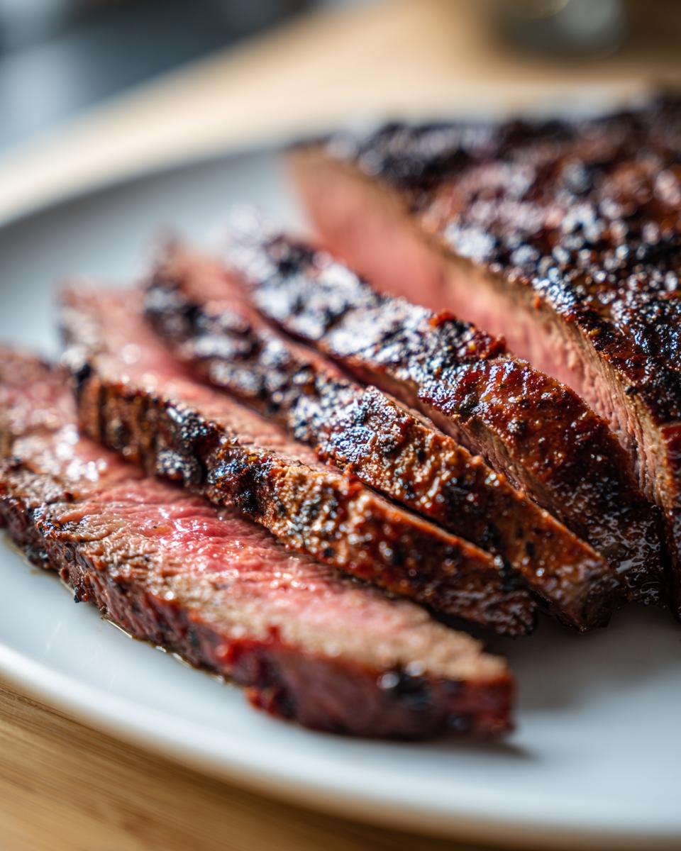 Close-up of perfectly cooked Alton Brown London broil, sliced and served on a white plate.