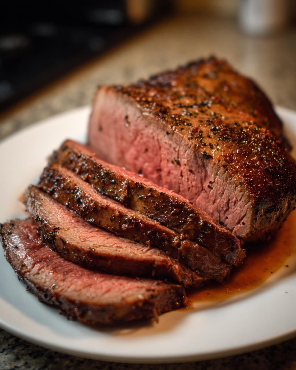 Close-up of a perfectly cooked Alton Brown London broil, sliced and served on a white plate with its juices.