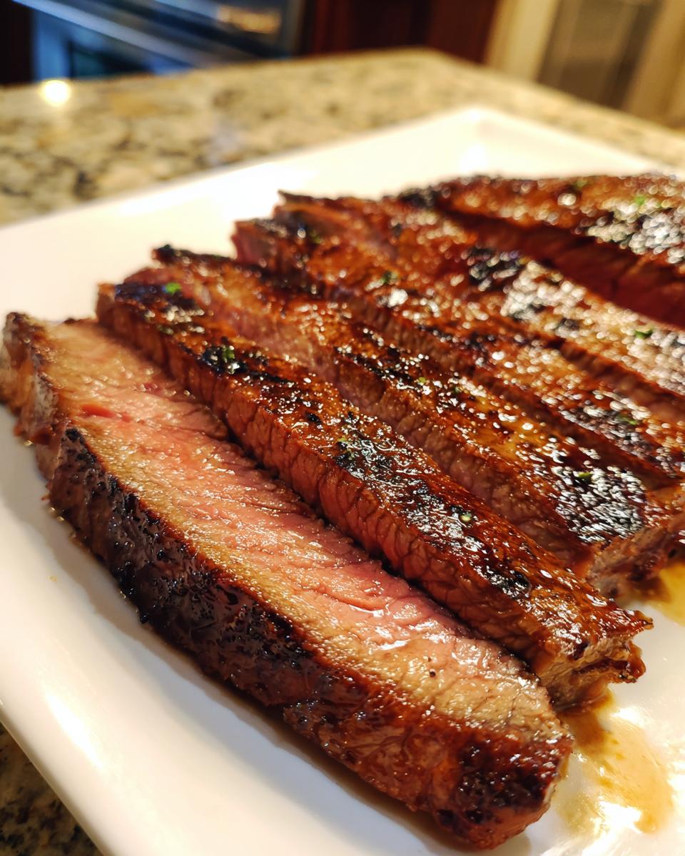 Close-up of perfectly cooked Alton Brown London broil, sliced and glistening on a white plate.