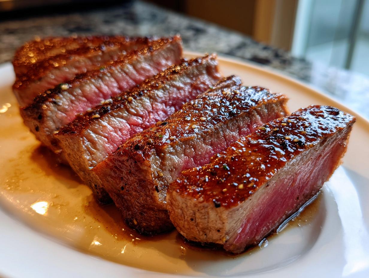 Close-up of perfectly cooked Alton Brown London broil, sliced and glistening with a savory glaze.