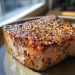 Close-up of a perfectly seared tuna steak coated in a sesame seed and spice crust.