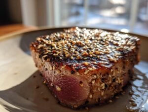 Close-up of a perfectly seared tuna steak coated in sesame seeds and a glaze.