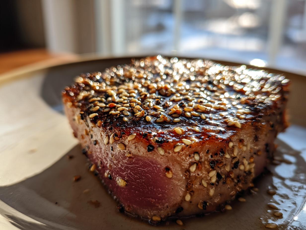 Close-up of a perfectly seared tuna steak coated in sesame seeds and a glaze.