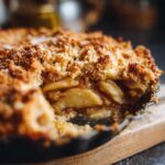 Close-up of a slice of warm apple crumble with a golden brown, crumbly topping and tender apple filling.