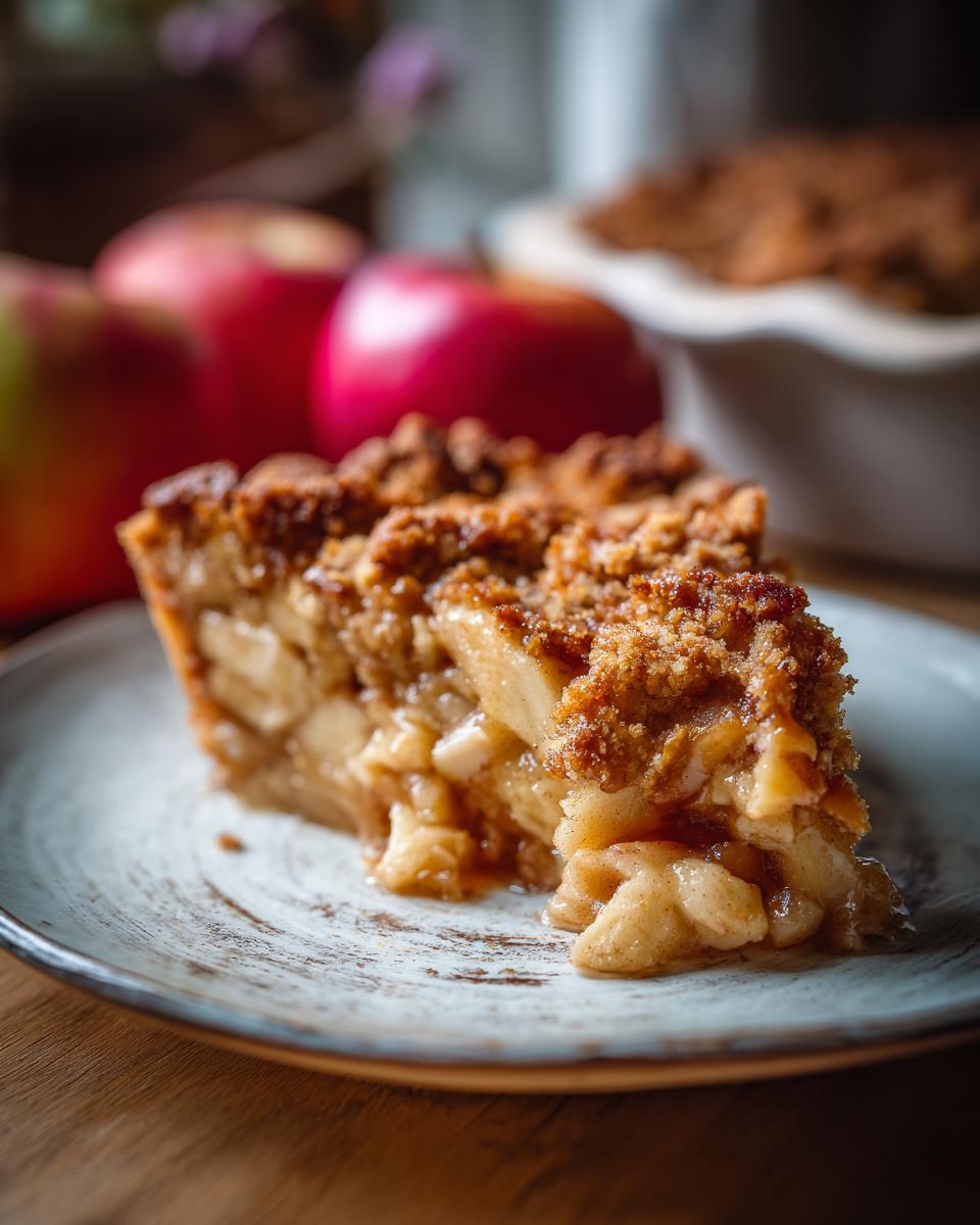 A close-up of a delicious slice of old-fashioned apple crumble on a rustic plate.