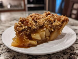 A delicious slice of old-fashioned apple crumble on a white plate, showcasing tender baked apples and a golden crumble topping.