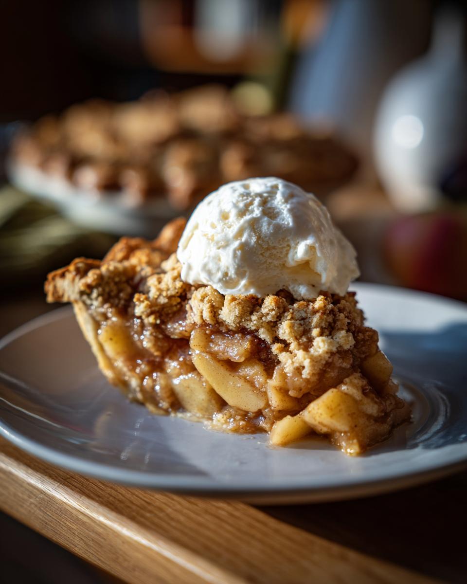 A delicious slice of old-fashioned apple crumble topped with a scoop of vanilla ice cream.