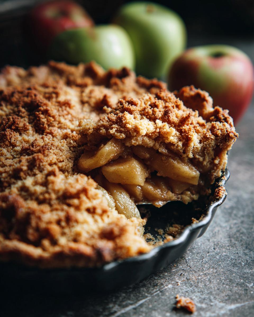 A close-up of a slice being lifted from a warm, homemade apple crumble, showcasing the tender apples and golden crumb topping.