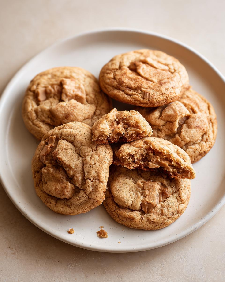 Close-up of warm apple pie cookies on a white plate, one cookie broken in half showing a gooey caramel filling.