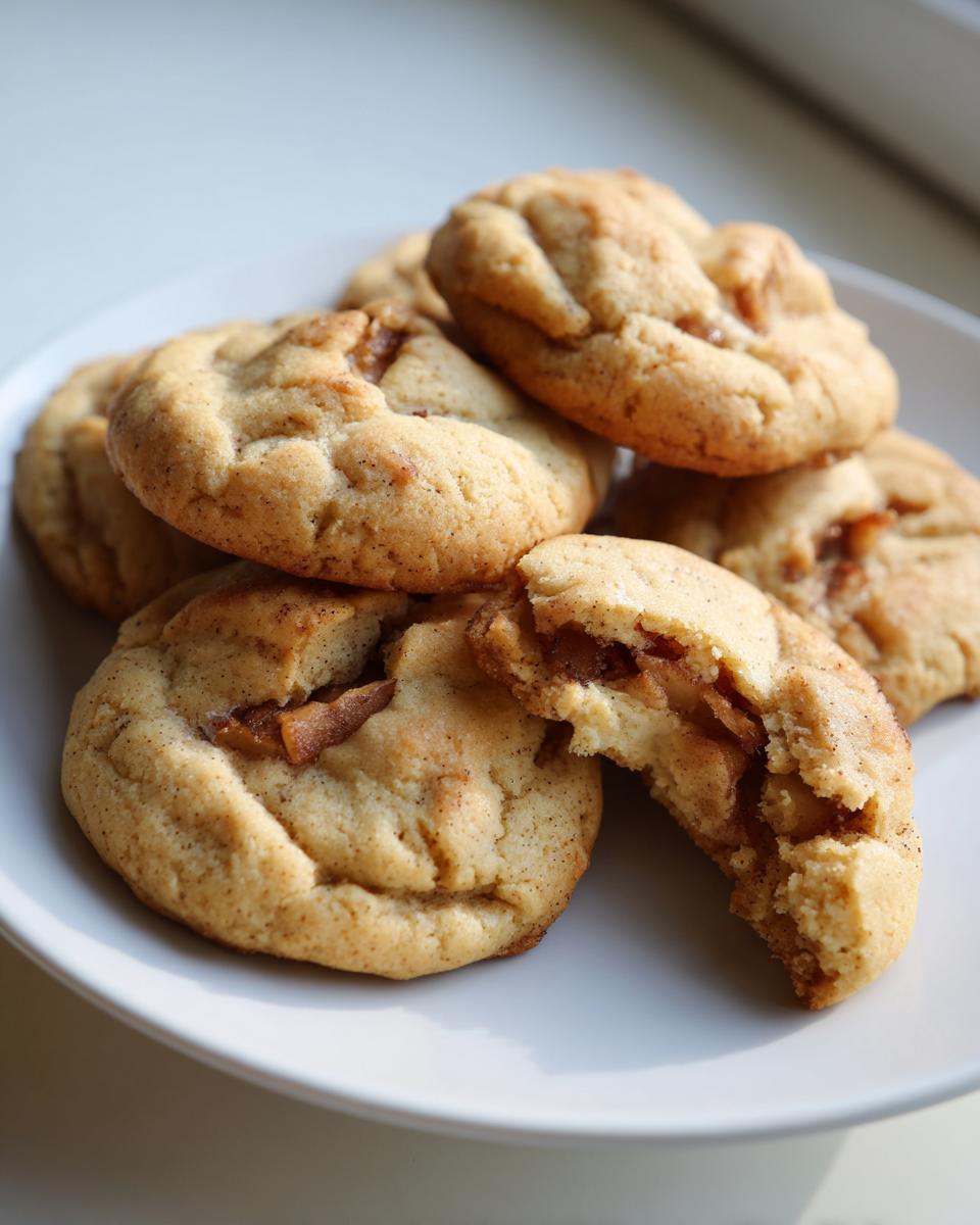 A close-up of several apple pie cookies on a white plate, one broken in half to show the apple filling.