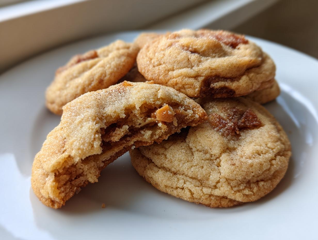 Close-up of a plate of freshly baked apple pie cookies, one broken in half to reveal a soft, chewy center with apple and cinnamon filling.
