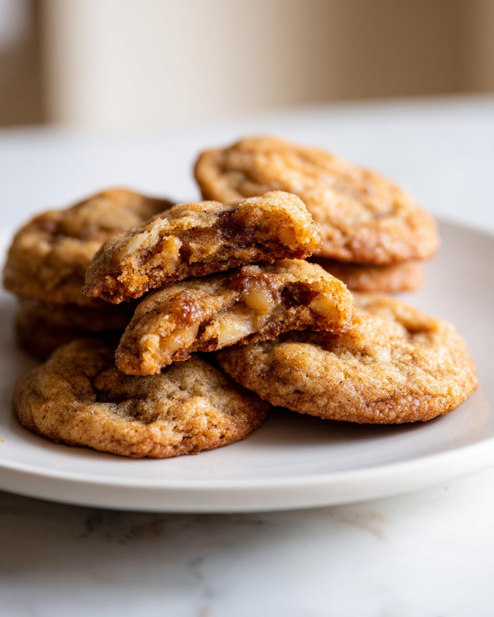 Close-up of a stack of apple pie cookies, with one cookie broken in half to reveal a gooey apple and walnut filling.