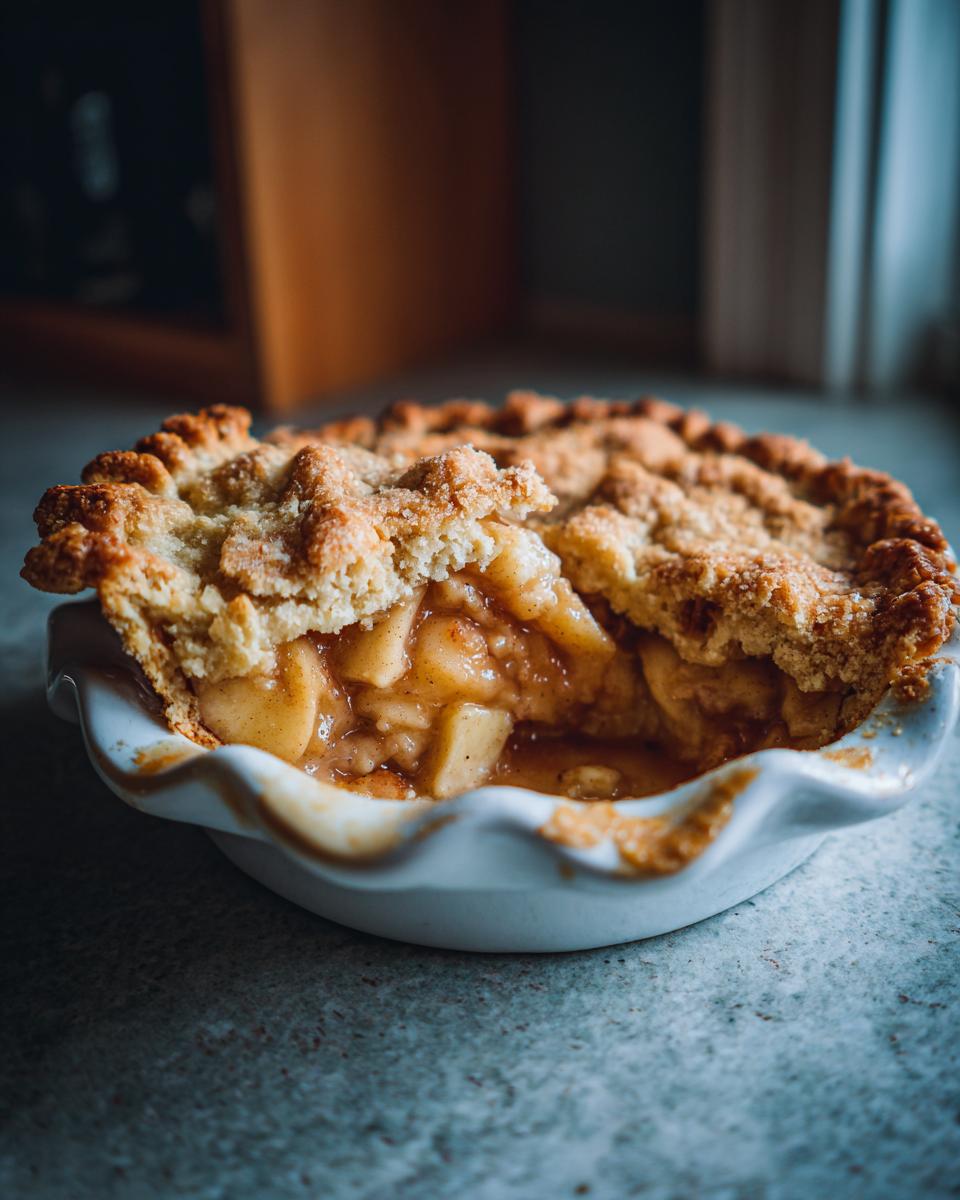 Close-up of a slice of apple pie dump cake with a crumbly crust and gooey apple filling.