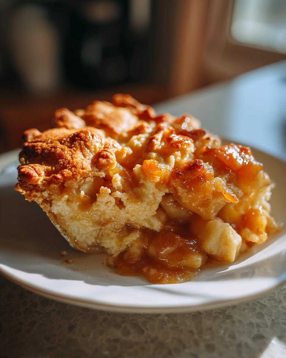 A close-up view of a slice of warm apple pie dump cake on a white plate, showing tender apple chunks and a golden crust.