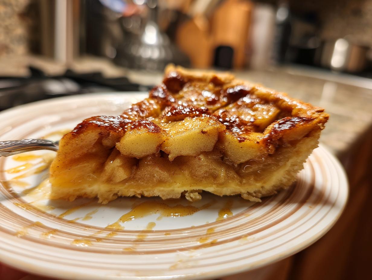 A close-up of a slice of apple pie dump cake on a plate, showing tender baked apples and a golden crust.