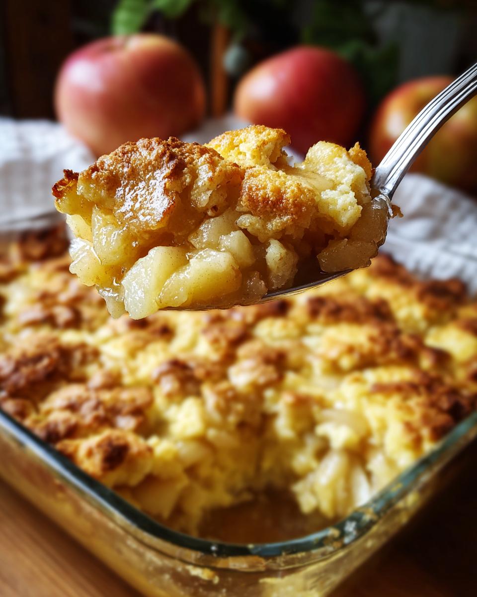 A spoonful of warm apple pie dump cake, showing tender apples and a golden crumb topping.