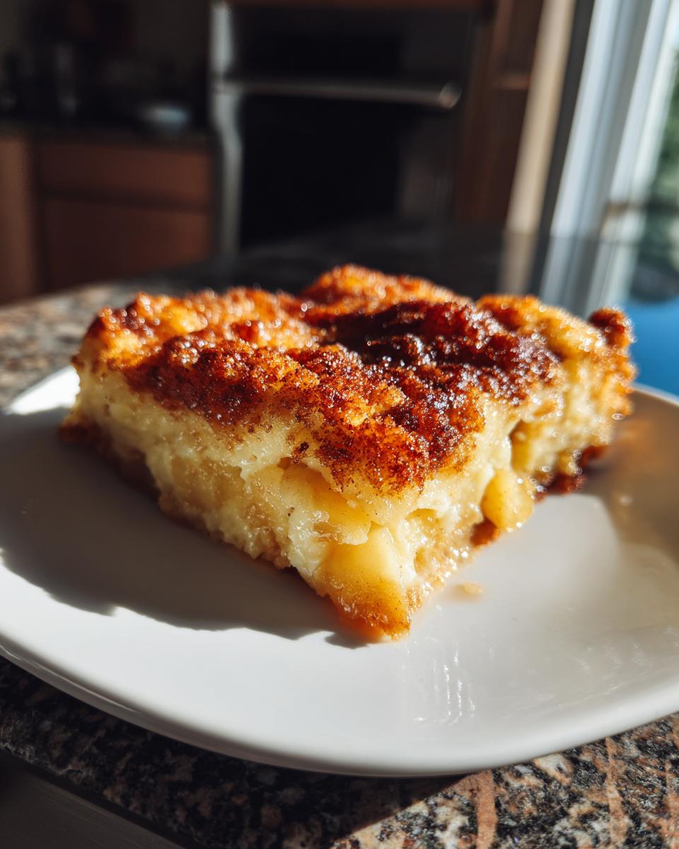 A close-up of a slice of apple snickerdoodle dump cake on a white plate, showing tender apple pieces and a cinnamon-sugar topping.