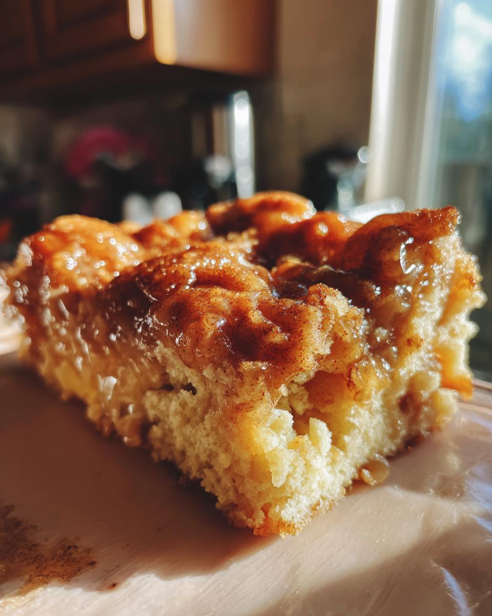 A close-up shot of a moist slice of Apple Snickerdoodle Dump Cake, showing the cinnamon-sugar topping and tender cake base.