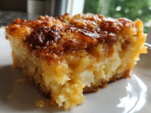 A close-up of a slice of Apple Snickerdoodle Dump Cake on a white plate, showing tender cake and apple chunks.