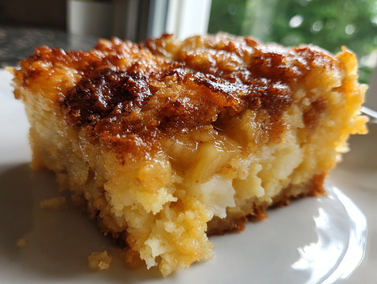 A close-up of a slice of Apple Snickerdoodle Dump Cake on a white plate, showing tender cake and apple chunks.