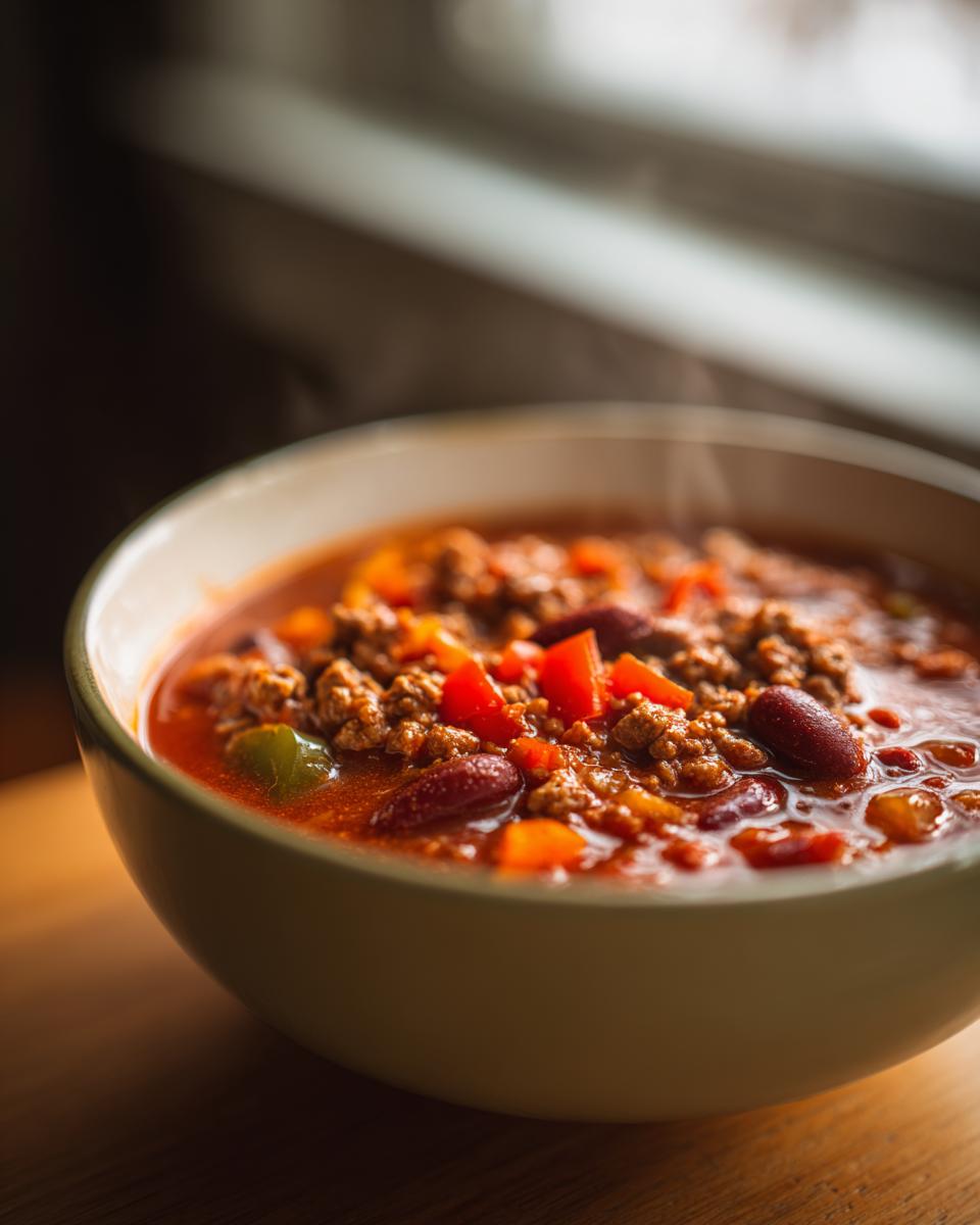 A close-up of a steaming bowl of award-winning chili, featuring ground meat, kidney beans, and diced red and green peppers.