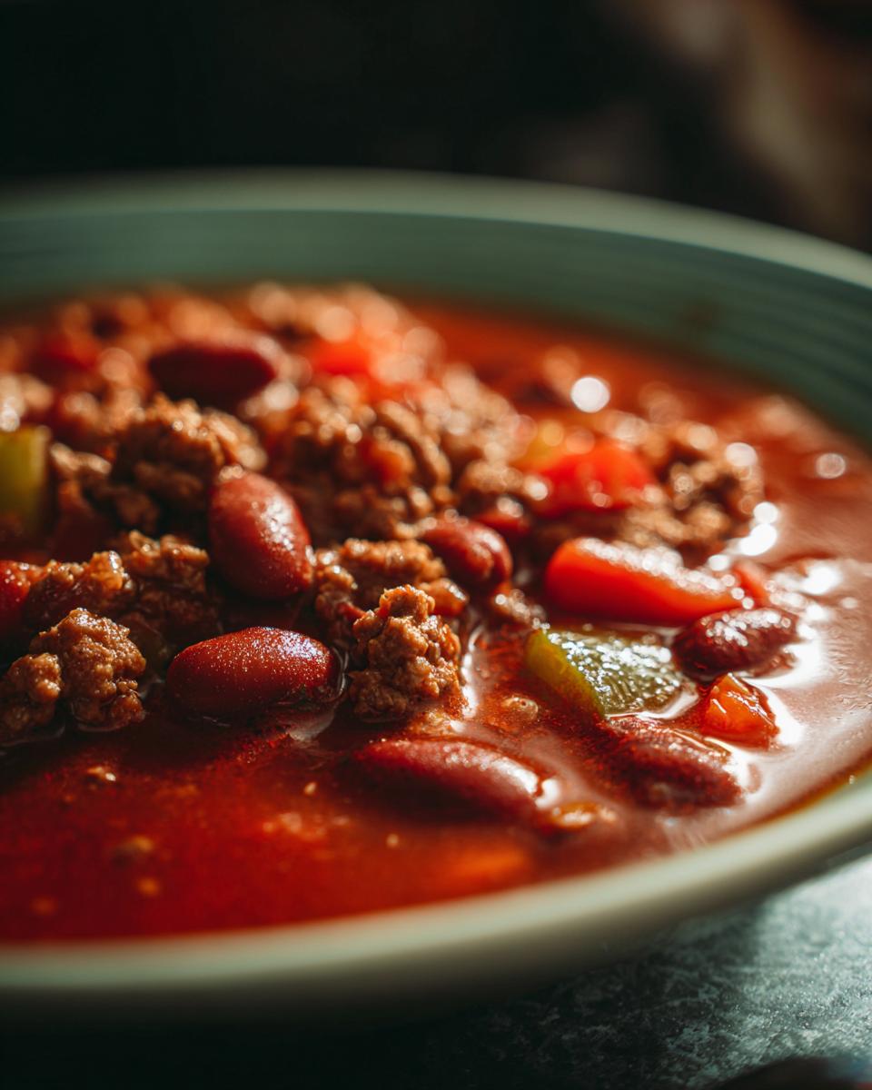 Close-up of a steaming bowl of award-winning chili, featuring kidney beans, ground meat, and diced tomatoes.