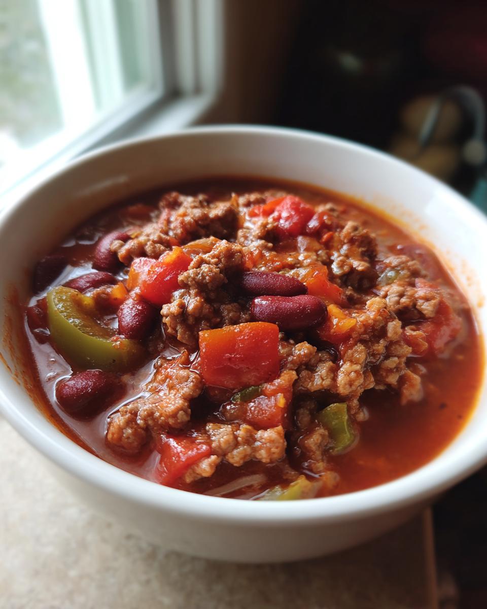 A close-up of a bowl filled with hearty, award-winning chili, featuring ground beef, kidney beans, tomatoes, and peppers.