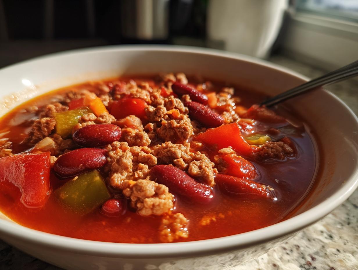 Close-up of a bowl of award-winning chili, featuring ground meat, kidney beans, tomatoes, and peppers in a rich broth.