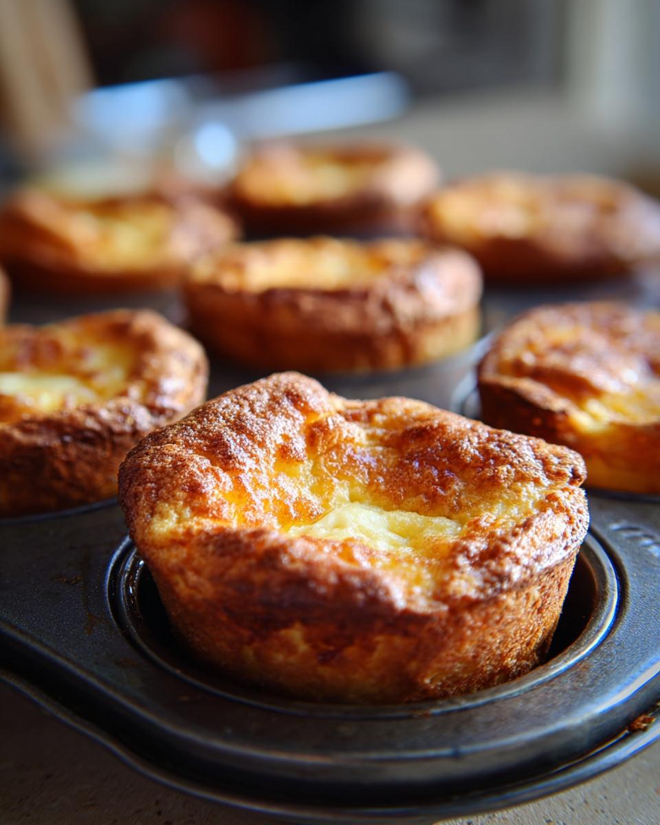 Close-up of golden-brown baby lemon impossible pies in a muffin tin, with a creamy center visible.