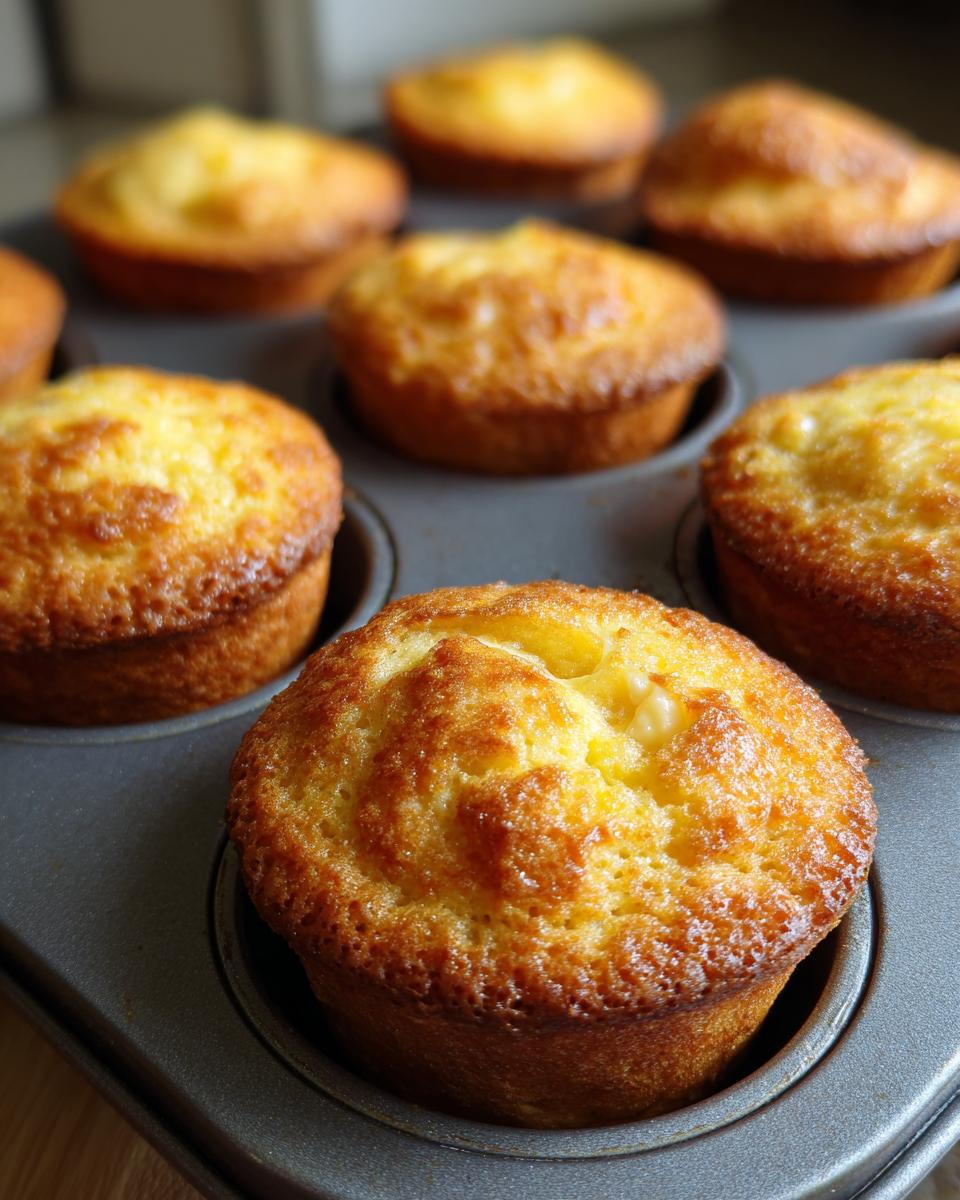 Close-up of golden-brown baby lemon impossible pies cooling in a muffin tin.