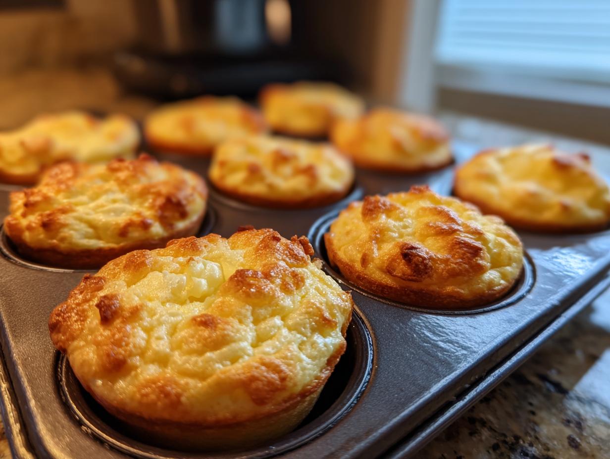 Close-up of golden-brown baby lemon impossible pies baked in a muffin tin, showcasing their fluffy texture.