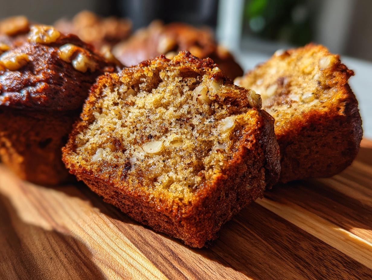 Close-up of a moist banana nut muffin, showing chunks of walnuts and the tender crumb.