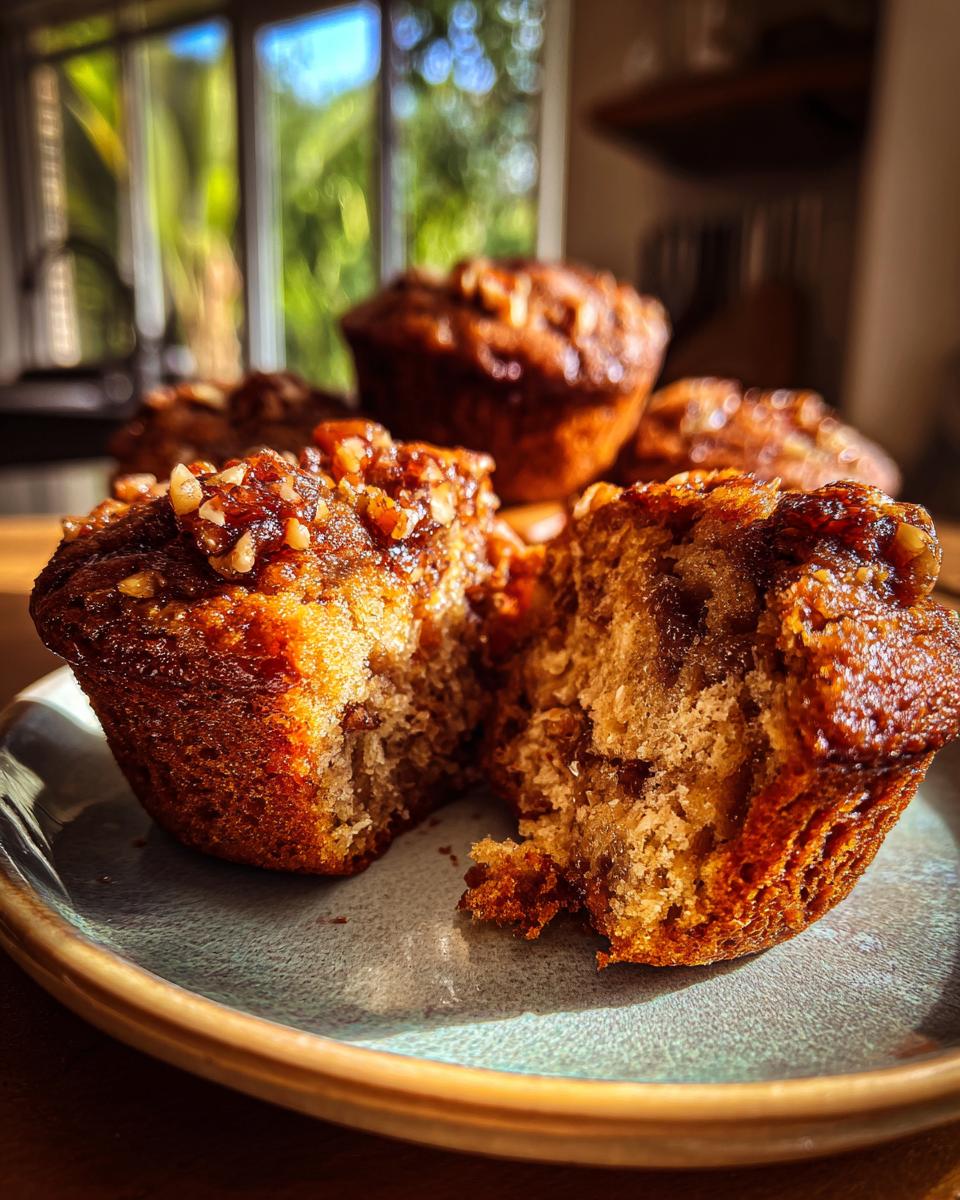 Close-up of a delicious banana nut muffin, broken in half to reveal a moist interior with nuts and banana pieces.