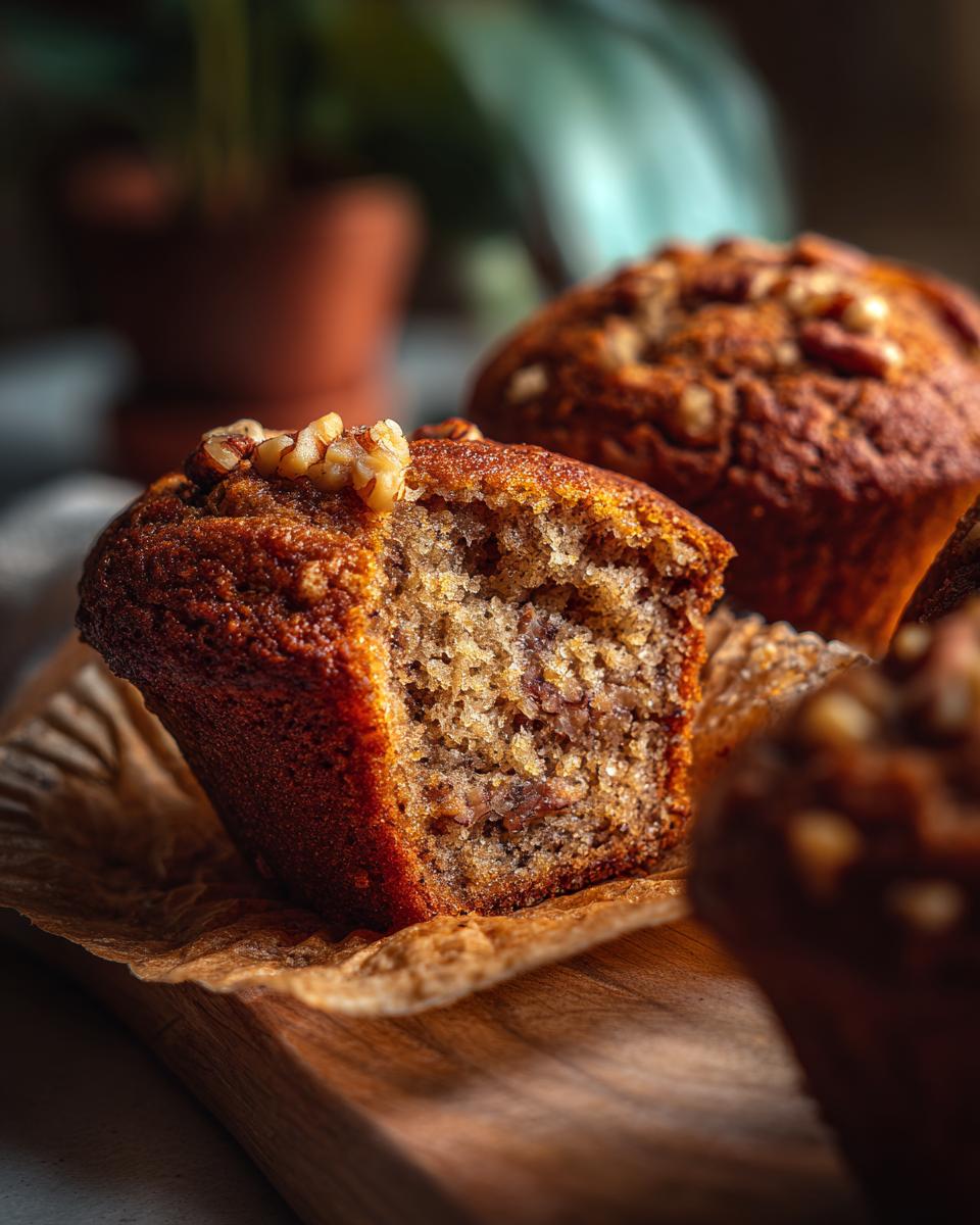 Close-up of a moist banana nut muffin, topped with a walnut, with a bite taken out to show the texture.