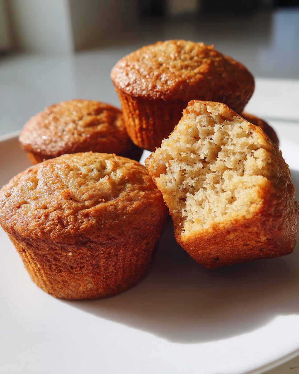 Close-up of delicious banana protein muffins, one is broken in half to show the fluffy interior.