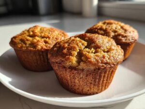 Three golden-brown banana protein muffins sit on a white plate, with one muffin slightly broken open.