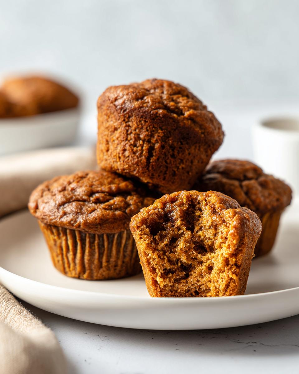 A stack of delicious banana protein muffins on a white plate, with one muffin broken in half to show the moist interior.