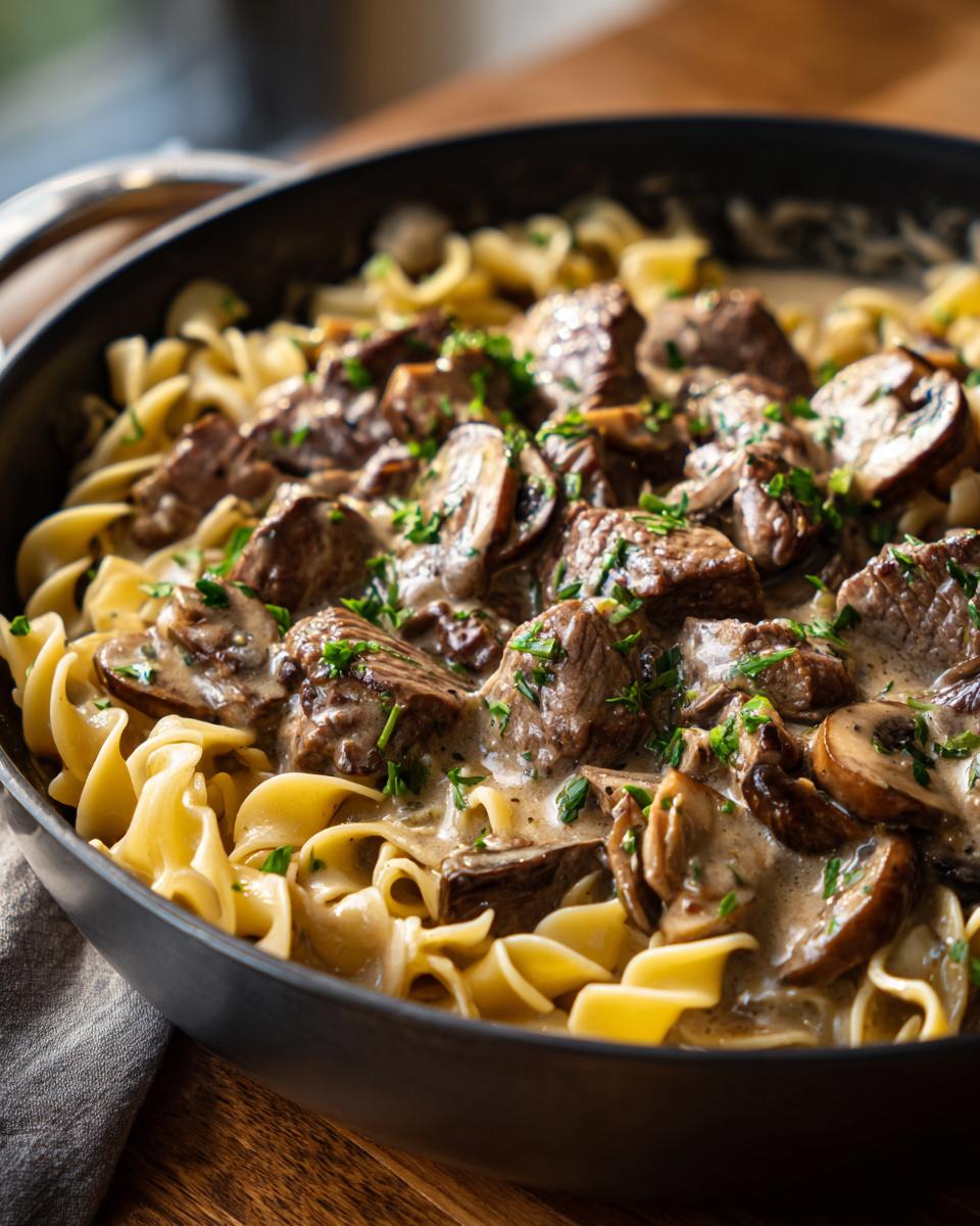 Close-up of a pan filled with creamy beef stroganoff, tender beef pieces, mushrooms, and egg noodles, garnished with parsley.