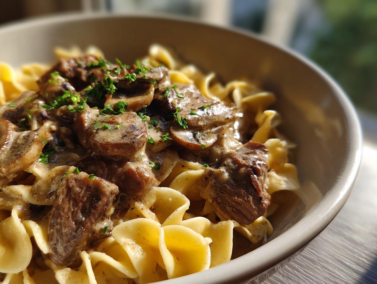 Close-up of a bowl of beef stroganoff served over egg noodles, garnished with parsley.