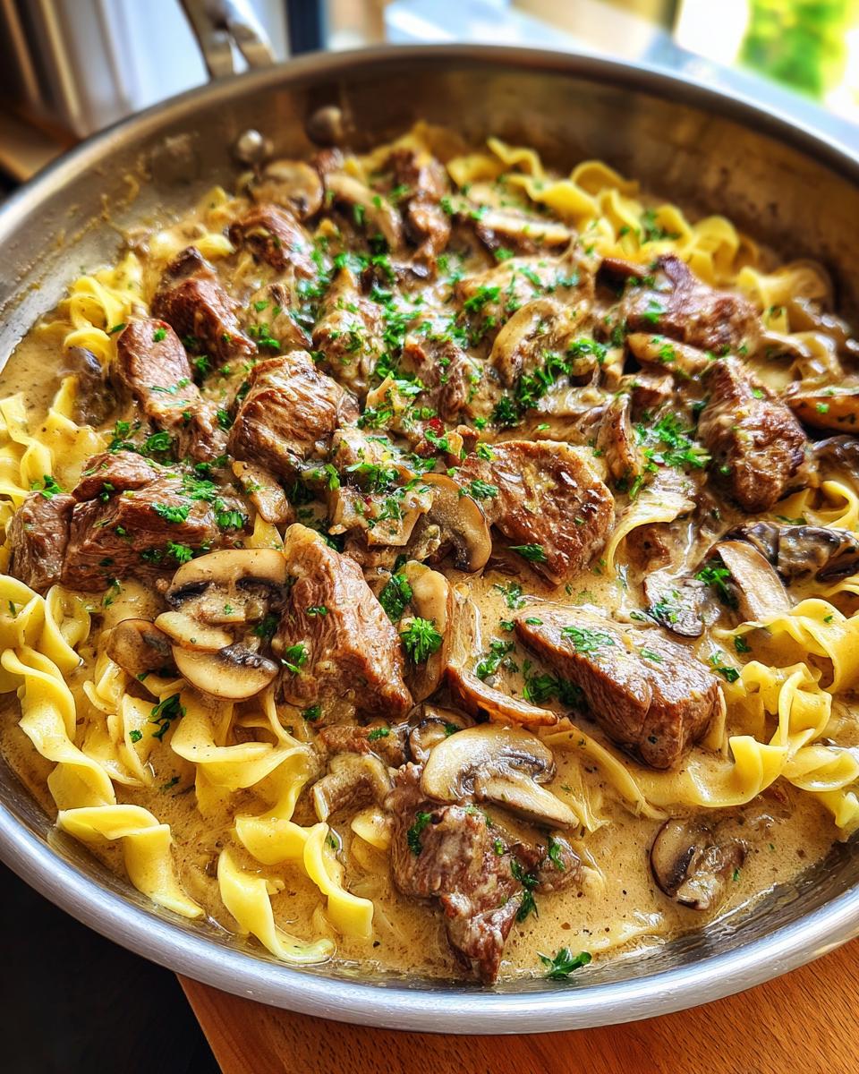 Close-up of creamy Beef Stroganoff with tender beef pieces, mushrooms, and egg noodles, garnished with parsley.