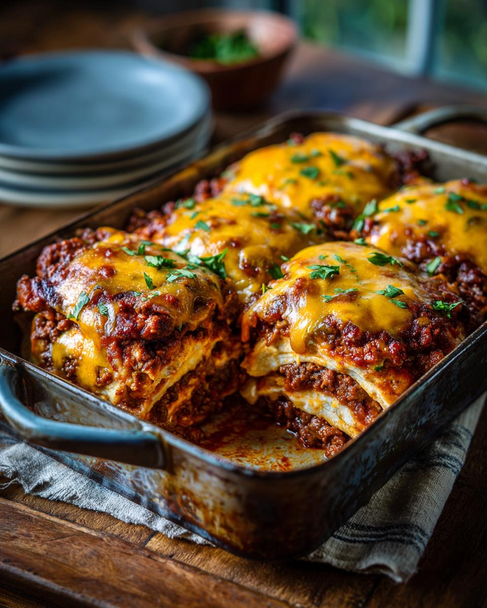 A close-up view of a freshly baked Beef Taco Casserole in a baking dish, topped with melted cheddar cheese and chopped parsley.