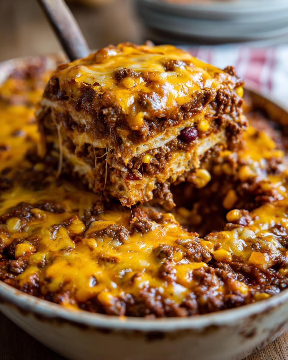 A slice of hearty Beef Taco Casserole being lifted from the dish, showing layers of seasoned ground beef, corn, and melted cheddar cheese.